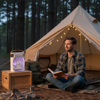 Ventilateur portable​ homme en soirée avec la veilleuse