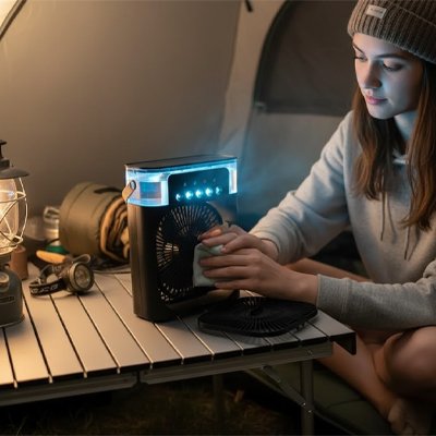 Ventilateur portable​ noir femme en bivouac qui se rafraichit