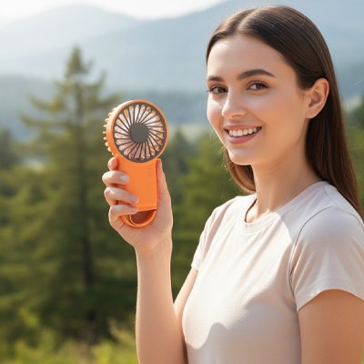 Ventilateur portable​ orange tenu par une femme
