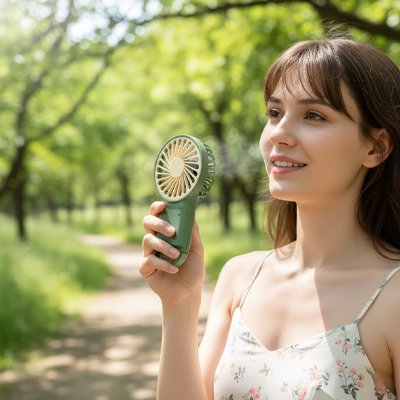 Ventilateur portable​ vert tenu par une femme a l'extérieur