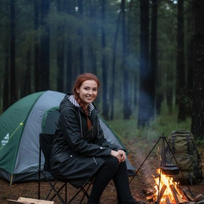 Veste imperméable femme assise au feu de camp
