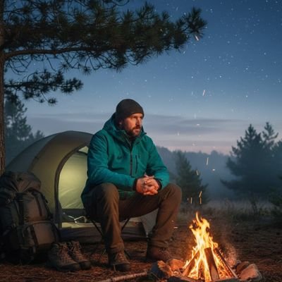 Veste imperméable homme en camping près de son bivouac