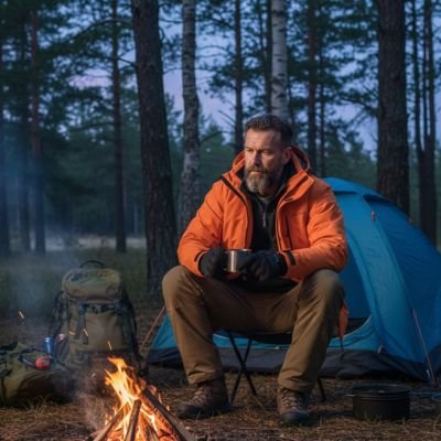 Veste imperméable homme près de son bivouac