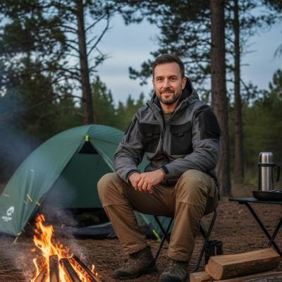 Veste imperméable homme près du feu de camp