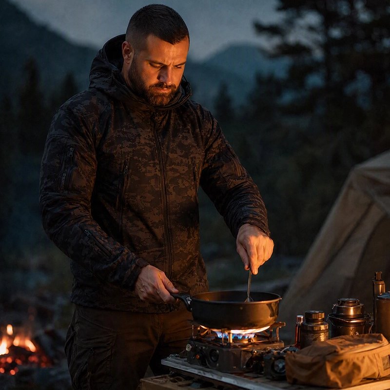 Veste imperméable homme qui cuisine en outdoor