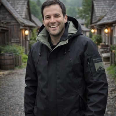 veste imperméable noire homme au village
