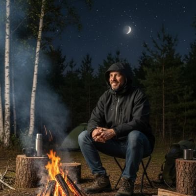 Veste imperméable noire homme près du feu de camp