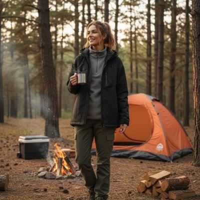 Veste imperméable noire portée par une femme en plein air