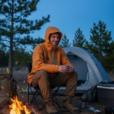 Veste imperméable orange portée par un homme en camping