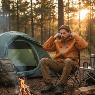 Veste imperméable orange portée par un homme qui met le capuchon
